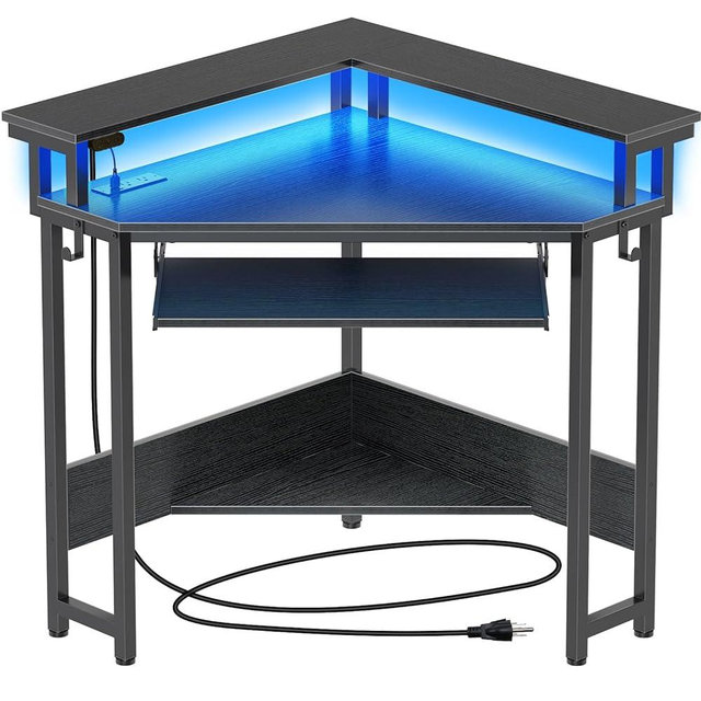 Rolanstar Corner Desk, 44.5" W x 34.5" H Small Computer Desk with Power Outlets, Gaming Desk with LED Lights, Triangle Corner Desk with Keyboard Tray & Monitor Stand for Small Space, Black