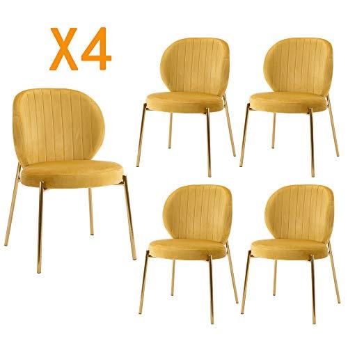 DAGONHIL Velvet Dining Chair,Upholstered Makeup Stool with Golden Metal Leg,Set of 4(Yellow)