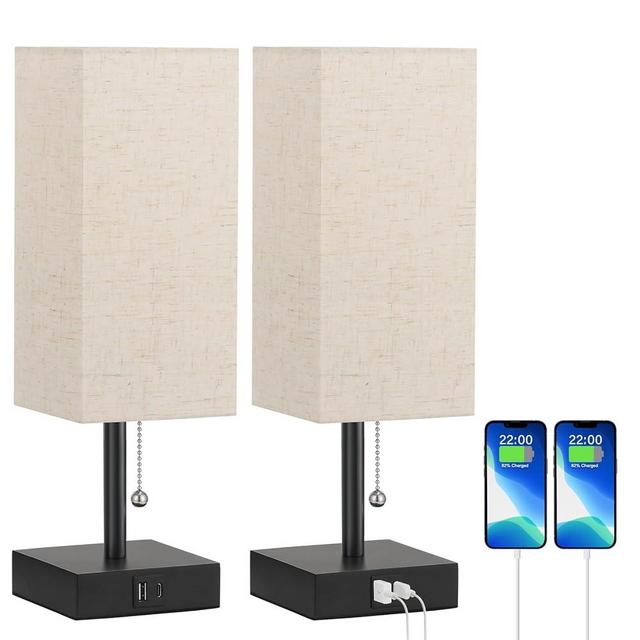 aooshine Bedside Lamps Set of 2 - Beige, USB A and USB C Charging, Pull Chain Control, Bulb NOT Included, Small