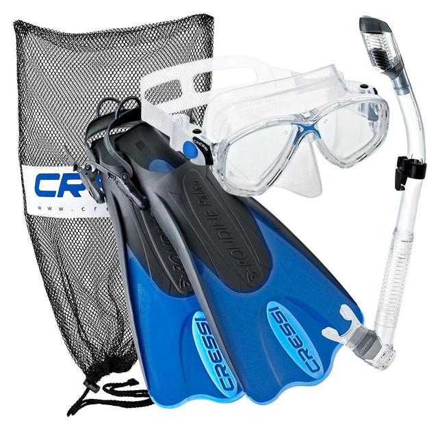 Cressi Palau Mask Fin Snorkel Set with Snorkeling Gear Bag, Blue, M/L | (Men's 7-10) (Women's 8-11)