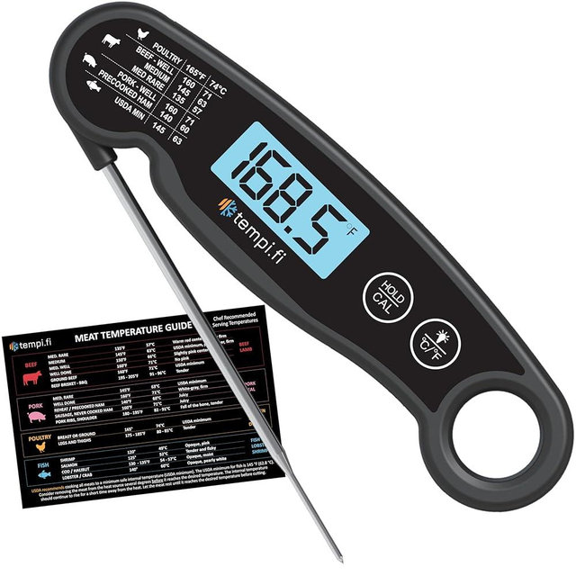 tempi.fi - Instant Read Thermometer | Ultra-Fast & Waterproof | Bright Backlight & Food Grade Probe | Auto Shut-Off | Includes Meat Temperature Chart | Perfect for Kitchen & Grilling