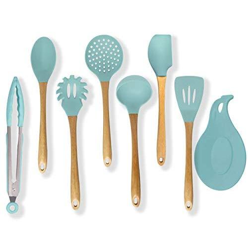 Premium Silicone Cooking Utensils Set, 8 Piece Kitchen Utensil Set with Natural Wood Handles, BPA Free Turquoise Silicone Utensils, Safe Cooking Tools for Non-stick Cookware, Best Kitchen Gift
