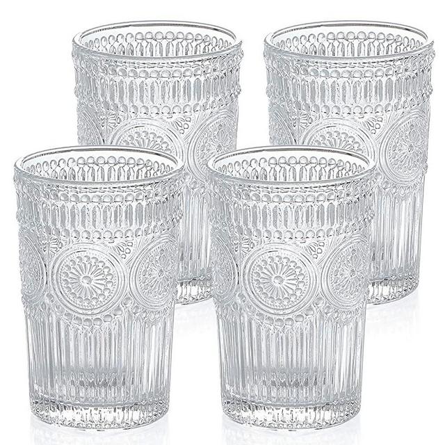 MDLUU Embossed Water Glasses, Romantic Glassware, Vintage Drinking Glasses, Glass Tumblers for Juice, Beverages, Cocktail, Capacity 12.5oz/370ml, Set of 4