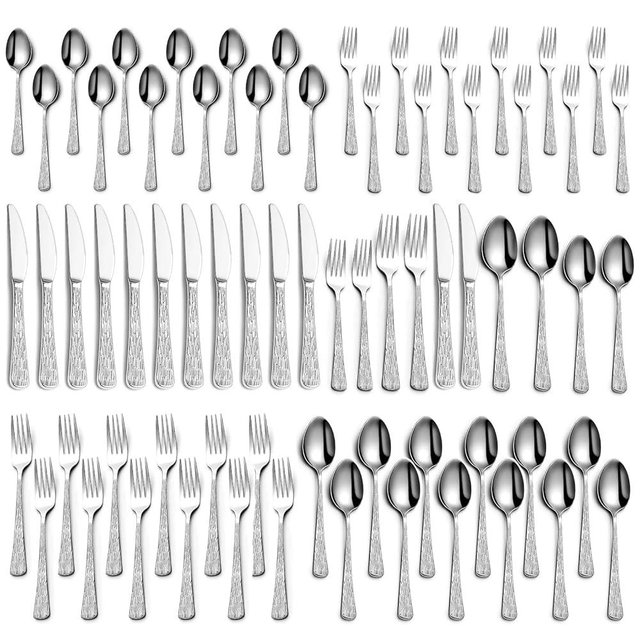 Yoehka 60-Piece Hammered Silverware Set for 12, Stainless Steel Flatware Set with Tree Pattern Handles, Mirror Polished Cutlery/Utensils Set for Home, Restaurant, Hotel, Dishwasher safe