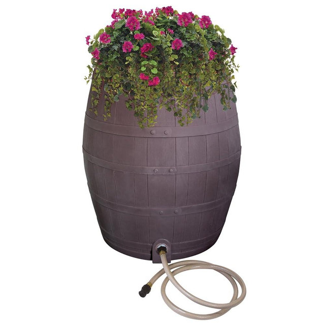 Rescue 50-Gallon Whiskey Rain Barrel – Includes Planter, Rain Water Diverter, Outlet Hose – Flatback Design – Brown