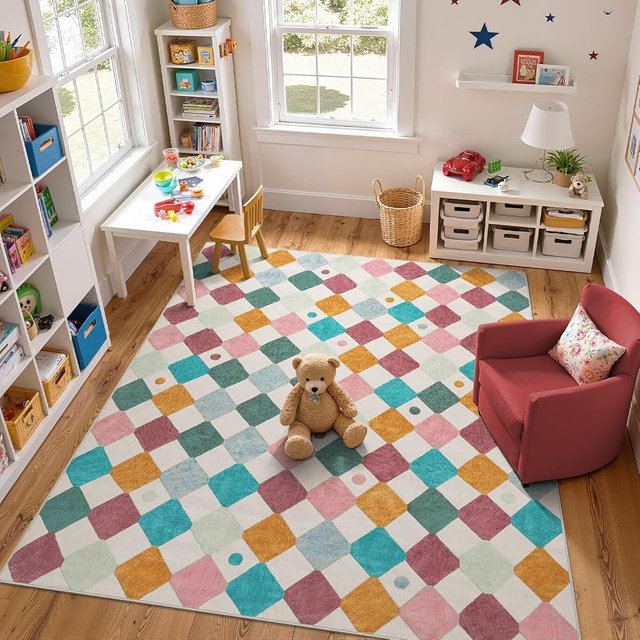 jinchan 8x10 Classroom Rug Washable Kids Playroom Play Mat Colorful Nursery | Soft, Non-Slip, Cute, Kid-Friendly, Checkered Diamond Geometric Design, Cream Background, Living Room, Bedroom, Dorm, Daycare