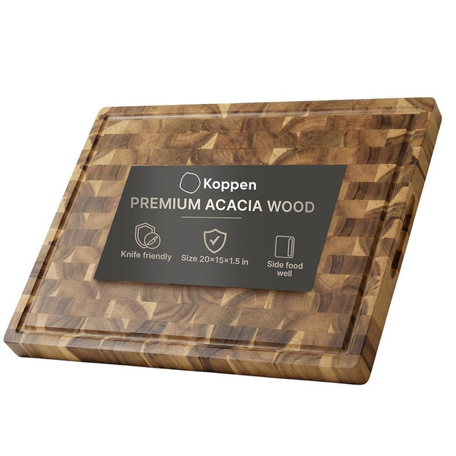 Koppen Acacia Wood End Grain Cutting Board, Knife-Friendly Butcher Block with Juice Groove, Inner Handles, Reversible Heavy-Duty Serving & Chopping Board, Gift Box Included, Size 20 x 15 x 1.5in