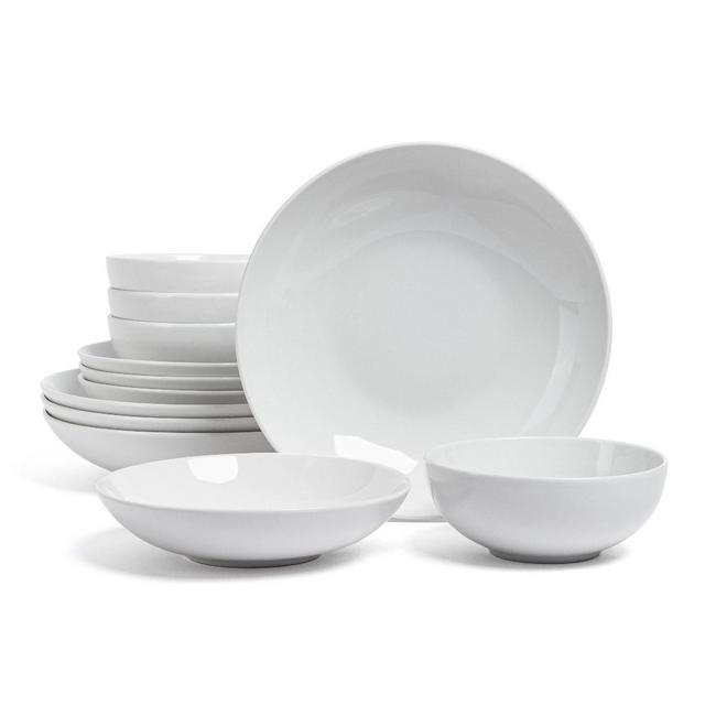 over&back 12pc Coupe Glossy Hand-Finished Porcelain Dinnerware Set White: Microwave & Dishwasher Safe, Service for 4