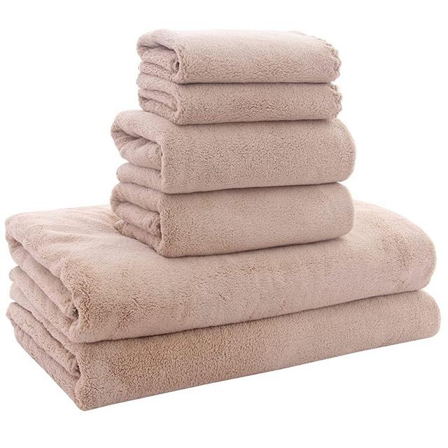 MOONQUEEN Ultra Soft Towel Set - Quick Drying - 2 Bath Towels 2 Hand Towels 2 Washcloths - Microfiber Coral Velvet Highly Absorbent Towel for Bath Fitness, Sports, Yoga, Travel (Brown, 6 Pcs)