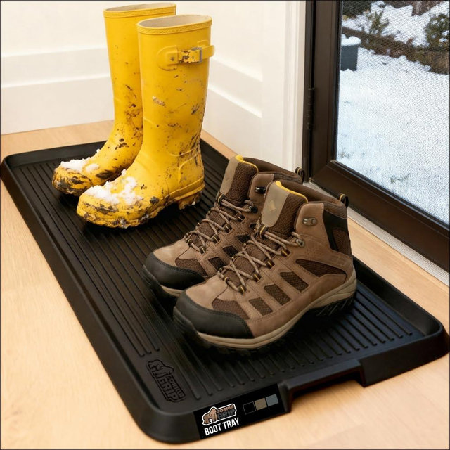 GORILLA GRIP Natural Rubber Indoor Outdoor Boot Tray for Shoes, 48x16, Waterproof Winter Mat with Raised Edges, Handles, Tear Resistant Heavy Duty Home Garage Floor Mats, Easy Clean Shoe Trays, Black