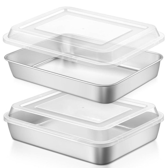 LIANYU 2 Pack Stainless Steel Baking Pan with Lid, 12⅓ x 9¾ x 2 Inch Rectangle Sheet Cake Pan, Lasagna Brownie Bakeware Set with Cover, Non-Toxic & Dishwasher Safe