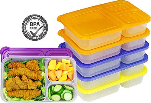 6 Pack - SimpleHouseware 3-Compartment Heavy Duty Bento Lunch Container Boxes, 36 ounces, 4 Color