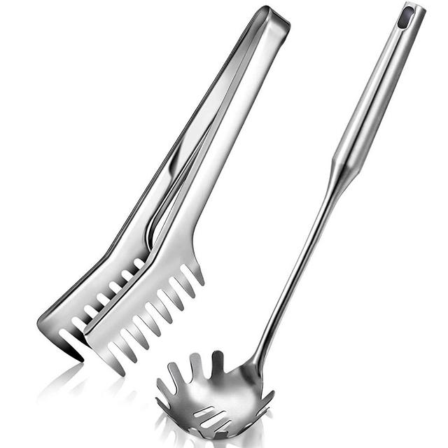 2 Pieces Stainless Steel Spaghetti Server Set, 9.4 Inch Stainless Steel Spaghetti Pasta Tong, 13.6 Inch Pasta Spoon Server Fork, Heat Resistant Serving Tong Spoon for Noodles Pasta Baking Cooking