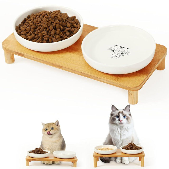 DoogCat Elevated Cat Bowls for Indoor Cats – Raised Bamboo Cat Food Table with 2 Ceramic Dishes, Adjustable Height (4.25"/3.07"), Whisker Friendly Feeding Station