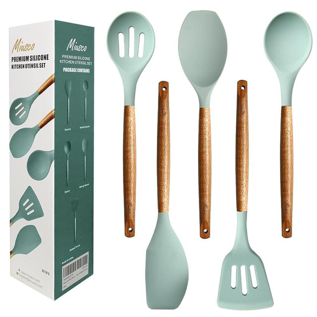 Kitchen Utensils Set, Silicone Cooking Utensils Set,Non-Stick Silicone Spatula Set with Natural Acacia Hard Wood Handle, 5 Piece, Upgraded Thickened Cookware
