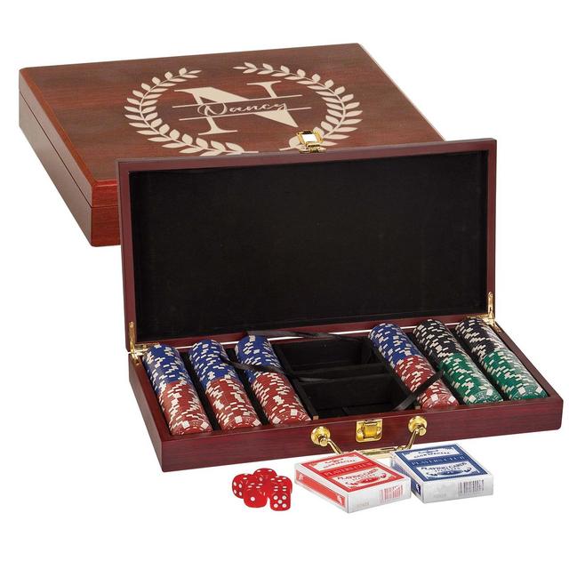 Personalized 300 Chip Poker Set with Rosewood Finish, Custom Poker Gift, Engraved Poker Set with Cards & Dice