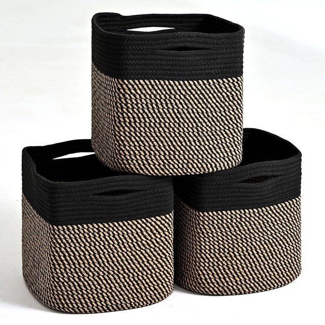 ICERZCZ 11 Inch Cube Storage Bins, Storage Cube Organizer Bins, Woven Cotton Rope Baskets for Storage, Storage Basket for Organizing Shelves, Square Baskets for Toys Nursery, Black & Jute (Pack of 3)