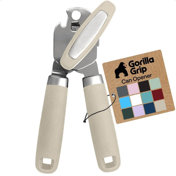 GORILLA GRIP Heavy Duty Stainless Steel Smooth Edge Manual Can Opener and Bottle Openers, Soft Comfortable Handle, Oversized Handheld Turn Knob, US Designed Multifunctional Kitchen Tool, Almond