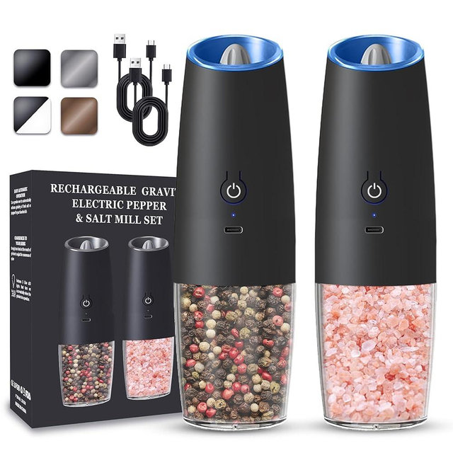 UNNEES Rechargeable Electric Salt and Pepper Grinder set of 2, gravity electric salt and pepper grinder set, Adjustable Roughness, LED Light, 2 Pack, (Black)