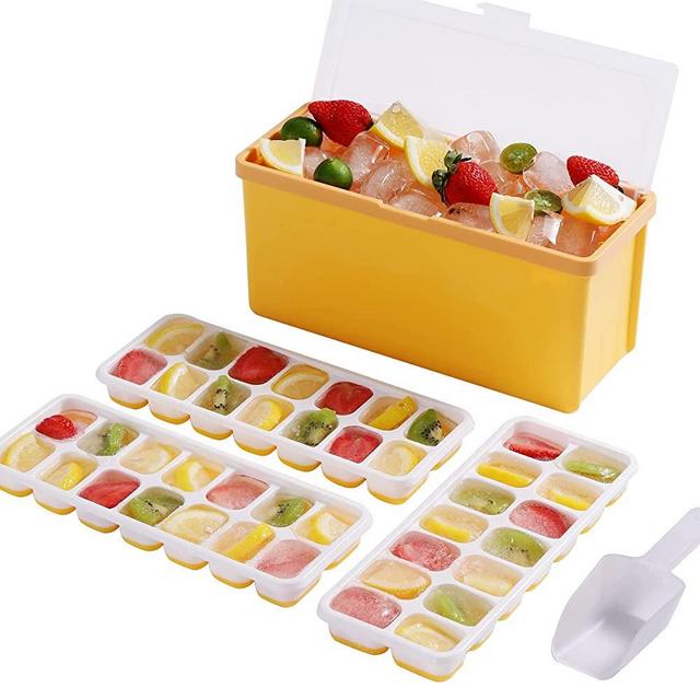 Ice Cube Tray - Ice Tray, Silicone Ice Cube Tray with Bin, Ice Cube Trays for Freezer with Lid, 3 Pack Ice Tray with Ice Bucket, Ice Scoop. Mini Ice Maker, Easy Release Ice Cube, Ice Molds for Whiskey
