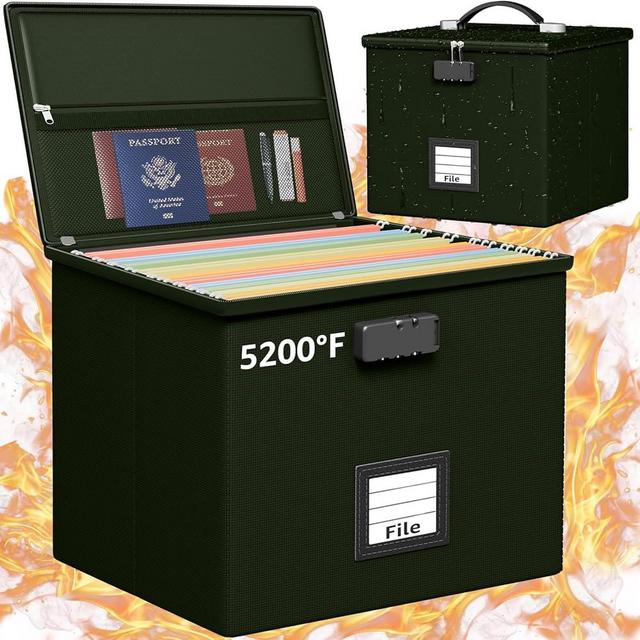 Army Green Fire Proof File Box for Documents - Portable Fireproof Document Organizer Box with Handle Waterproof Safe Locking Folder Storage with Lid