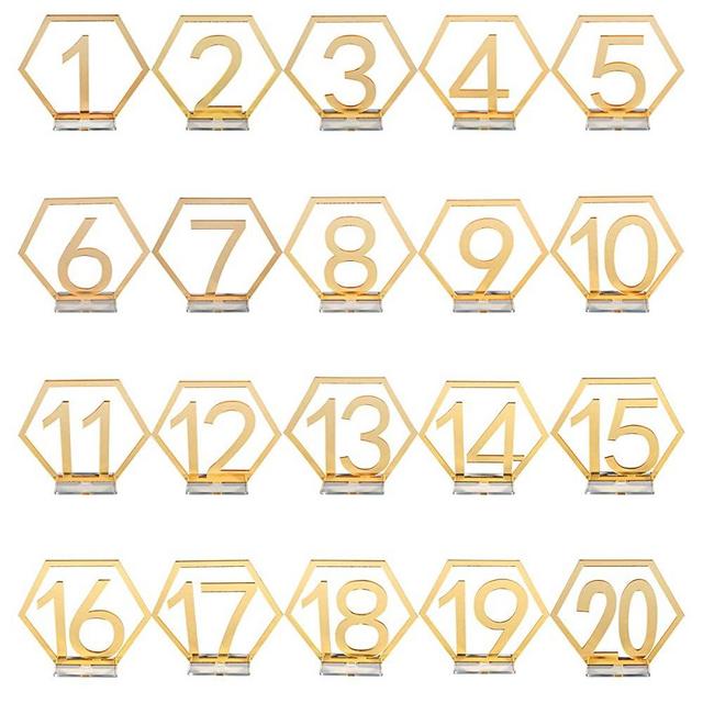 Wedding Table Numbers, 1-20 Acrylic Table Numbers with Holder Base Gold Hexagon Hollow Out Table Number Reception Stands Décor Mirror Surface for Wedding, Catering, Party, Event by Maggie Yuan