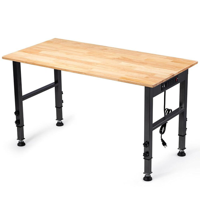 48" Height Adjustable Workbench, 2000 LBS Load Capacity Rubber Wood Top Workstation with Power Outlet and Foot Pads, Heavy-Duty Hardwood Worktable for Garage Workshop (with Foot Pads and Socket,48'')