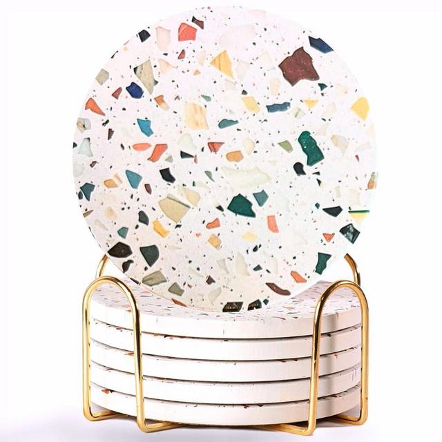 Terrazzo Absorbent Coasters with Holder Set of 6, Coasters for Drinks, Coasters Coffee Table, Coaster Set, Marble Coasters, Drink Coasters, Stone Coasters for Drinks Absorbent (Mosiac)