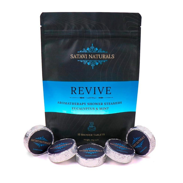 Satavi Naturals Aromatherapy Shower Steamers (15-Pack) Revive - Eucalyptus & Mint Scented Vapor Tabs for Self-Care, Aromatic Shower Bath Bombs, Natural Essential Oils for Women & Men