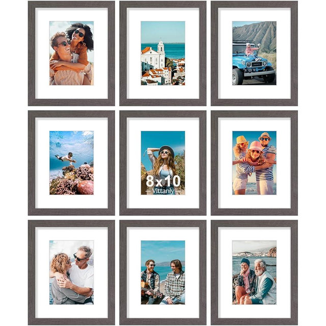 Vittanly 8x10 Picture Frames Set of 9, Shatter Resistant Plexiglass, Display 5x7 Pictures with Mat or 8x10 without Mat, Photo Frames for Wall or Tabletop, Engineered Wood, Dark Grey