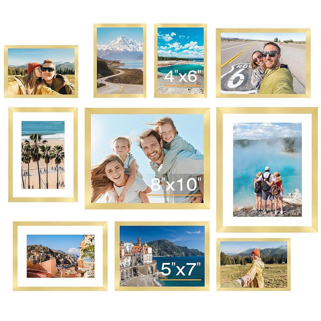 FIXSMITH 10 Pack Picture Frames Collage Wall Decor for Mounting or Tabletop Display, Gallery Wall Frame Set with Two 8x10 Gold Frames, Four 5x7 and Four 4x6 Frames, Multi-Pack Photo Frame Set