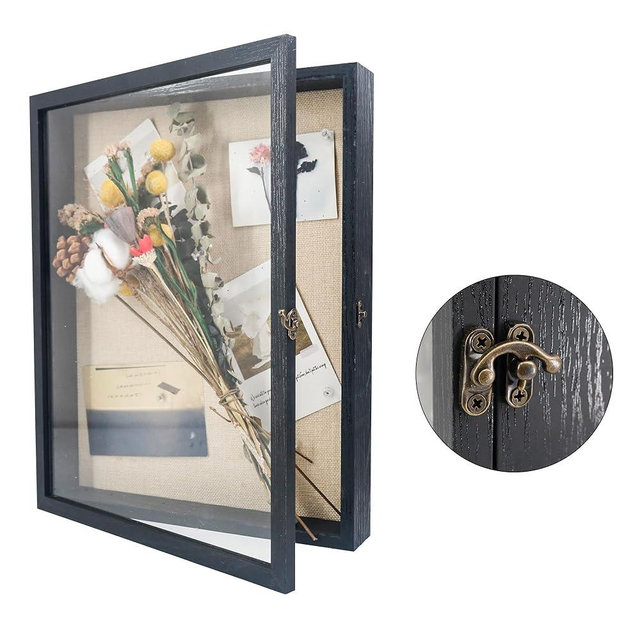 GraduatePro Shadow Box Frame 13X16 Display Case with Linen Back, Real Glass Window Door with Hinge, Picture Frame Wedding Bouquet Memorabilia Medals Photos Memory Box for Keepsakes Rustic Black