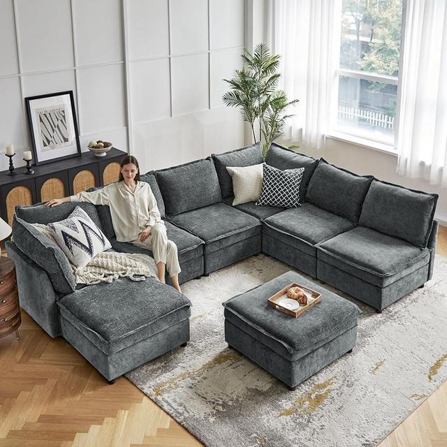 HULALA HOME Oversized Modular Sectional Sofa, 8 Seat U Shaped Couch with Storage Ottoman, Extra Deep Seat, Modern Comfy Chenille Sofa with Chaise, Convertible Sectional Couches for Living Room, Grey