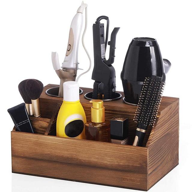 ROLOWAY Wooden Hair Tool Organizer - Blow Dryer Holder - Curling Iron Holder - Flat Iron Holder - Hair Styling Tools & Accessories Organizer - Natural Designed Bathroom Vanity Countertop Organizer