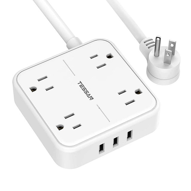 Flat Plug Power Strip with 3 USB Ports, TESSAN 4 Outlet Extension Cord Wall Mount Charging Station 5 ft Cord, Small Size for Indoor, Dorm Essentials, Office, Cruise Ship, Travel, White