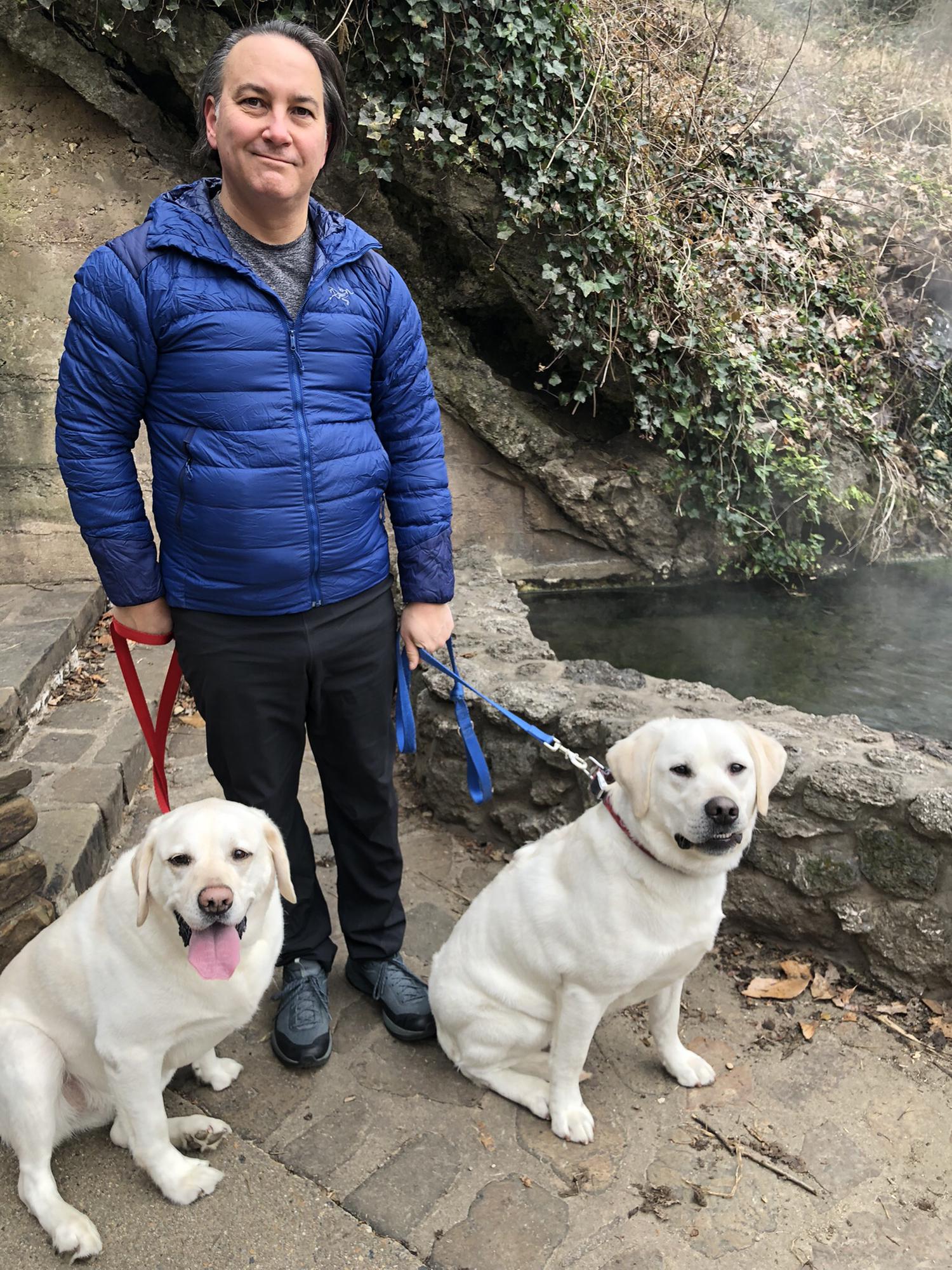Atlas and Aspen walking with Scott