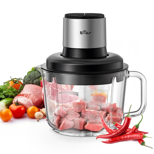 Bear Food Processor, Electric Food Chopper with 8 Cup/2L Handheld Glass Bowls, No-Hole 4 Bi-level Stainless Steel Blades for Easy Cleaning, 2 speed 300W Power Motor Grinder for Meat, and Baby Food