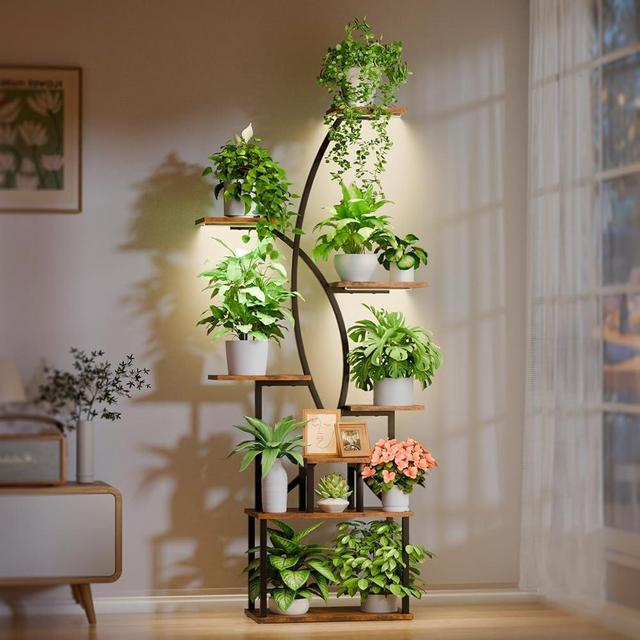 JUSTOGO Plant Stand Indoor with Grow Light, 65" Tall Plant Shelf 8 Tier for Indoor Plants Multiple, Large Plant Shelves Metal Curved Shape Display Rack for Living Room, Patio, Balcony, Hallways