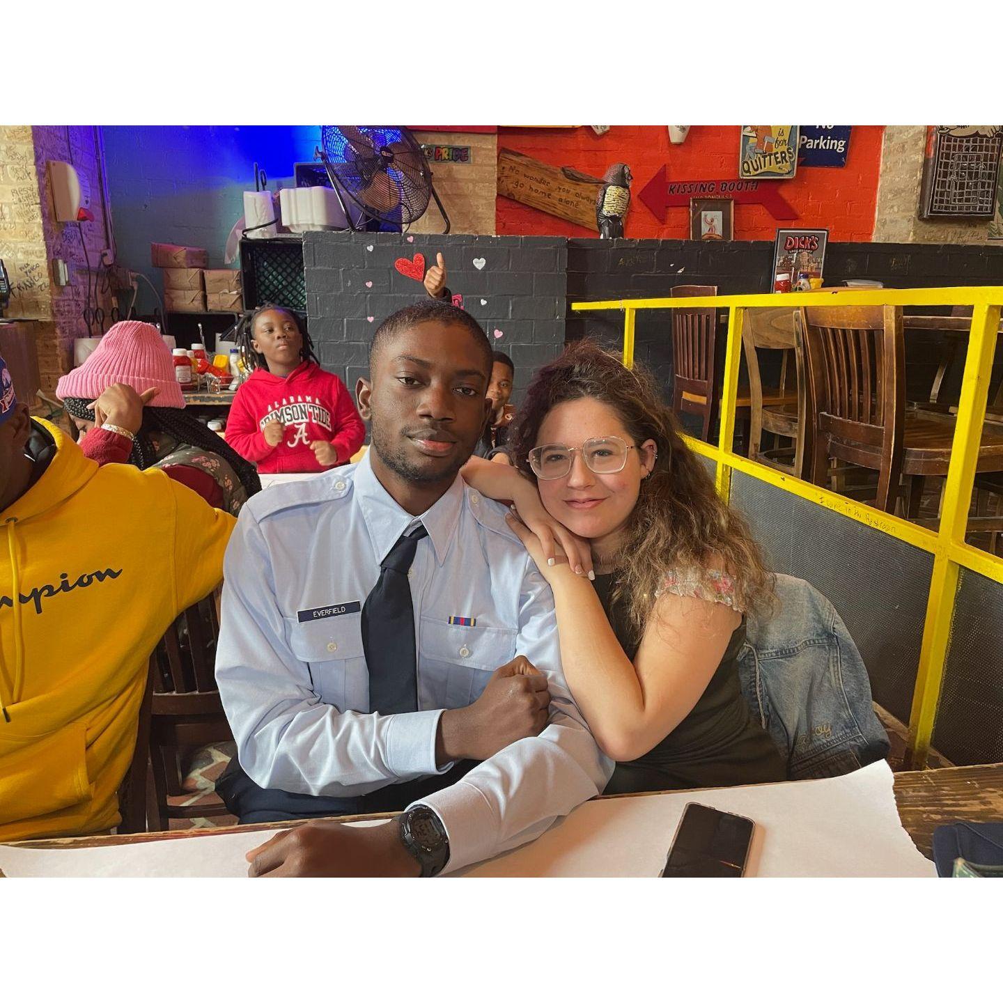 This was from the day Lionel graduated military boot camp. We enjoyed a family meal at a satire restaurant where we were bullied by our waitress.