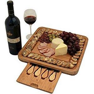 Bamboo Cheese Board with Cutlery Set, Wood Charcuterie Platter and Serving Meat Board with Slide-Out Drawer with 4 Stainless Steel Knife and Server Set – Perfect Gift Idea for Mother’s day. By Bambusi