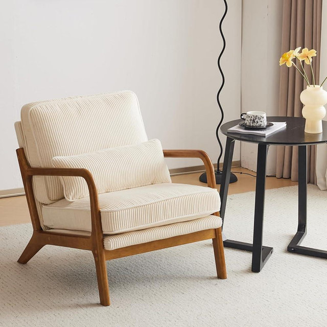 Karl home Mid-Century Modern Accent Chair, Living Room Chairs with Pillow Upholstered Lounge Armchair with Solid Wood Frame & Soft Cushion for Bedroom, Reading Room, Corduroy Beige (Low Back)