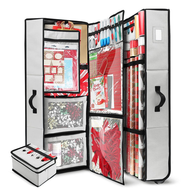 Hearth & Harbor Holiday Storage with Extra Storage Bins and Ribbon Storage Organizer - X Large Wrapping Paper Storage Containers with Wheels - Silver