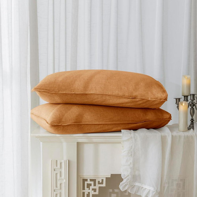 EVERLY 100% Linen Pillowcases Set of 2, Envelope Overlap Closure French Natural Washed Flax Pillowcases 20x36inches-Caramel