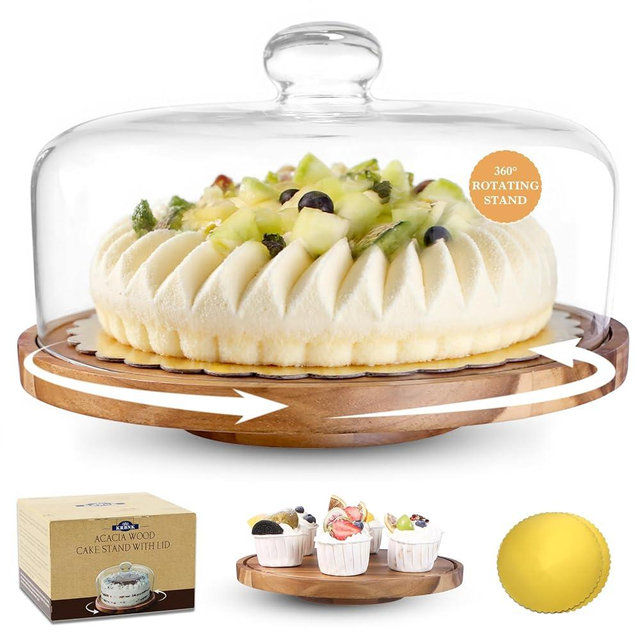 Krbnk Glass Rotating Cake Stand with Lid - 12" Acacia Wood Cake Plate with Dome, Includes 2 Extra Cake Boards - Cake Holder for Wedding, Birthdays, Kitchen, Party Display, Charcuterie Tray