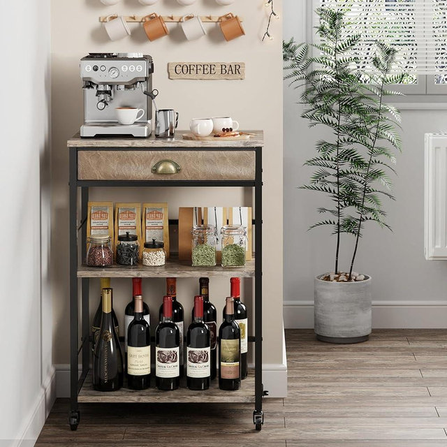 X-cosrack Coffee Bar Cart with Storage, 3-Tier Coffee Table with Drawer for Home Buffets & Sideboards,Coffee Station Corner Table with Rolling Wheels for Kichen, Entryway, Living Room-Patent