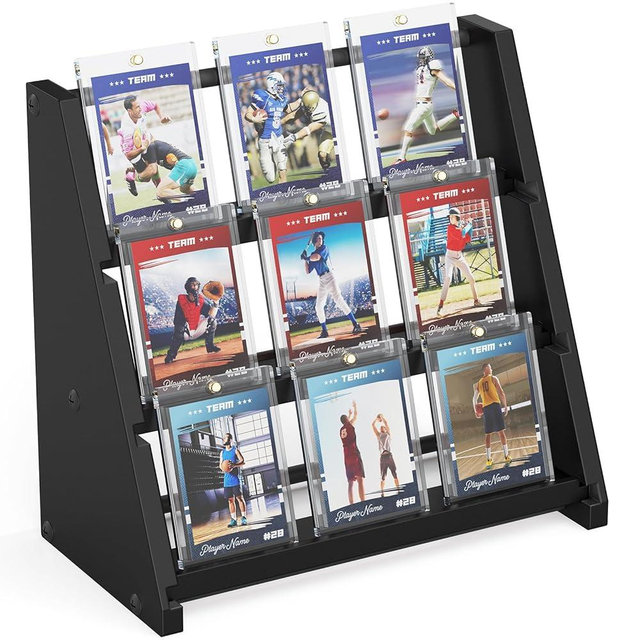 TJ.MOREE Trading Card Display Stand, 3-Tiered Card Stand for 9 Cards, Wooden Display Shelf for Baseball Basketball Sports Graded Card Display, Easy Assembly (Black)