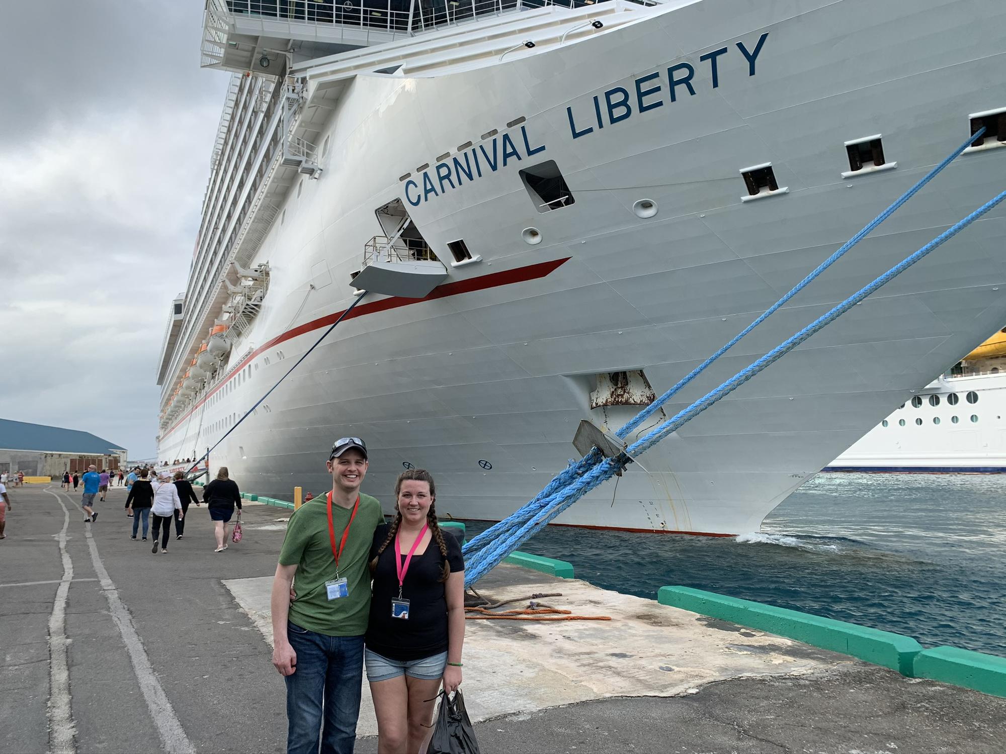 In front of our cruise ship in the Bahamas.