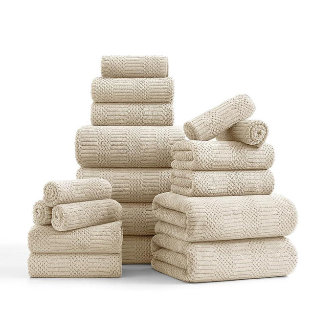 18 Pcs Camel Woven Family Towels Set-6 Bath Sheets,6 Hand Towels,6 Washcloths Soft Polyester Towels Absorbent Shower Towel Quick Dry Beach Chair Towel Lint Less Towels Set for Bathroom Spa Gym Hotel