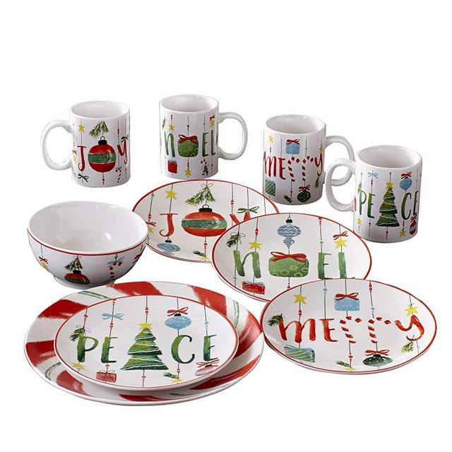 American Atelier Holiday Dinnerware Set – 16-Piece Christmas-Themed Stoneware Dinner Party Collection w/ 4 Dinner Plates, 4 Salad Plates, 4 Bowls & 4 Mugs – Unique Gift Idea for Christmas or Birthday