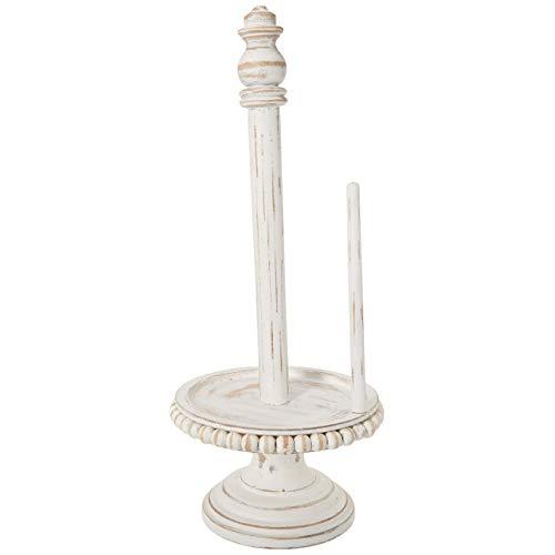 Mud Pie Farmhouse Washed Beaded Wood Pedestal Paper Towel Holder, White, Grey